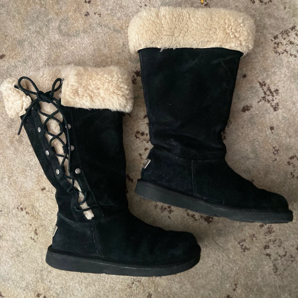 UGG boots- tall  Sherpa lined, upside lace up black size 7